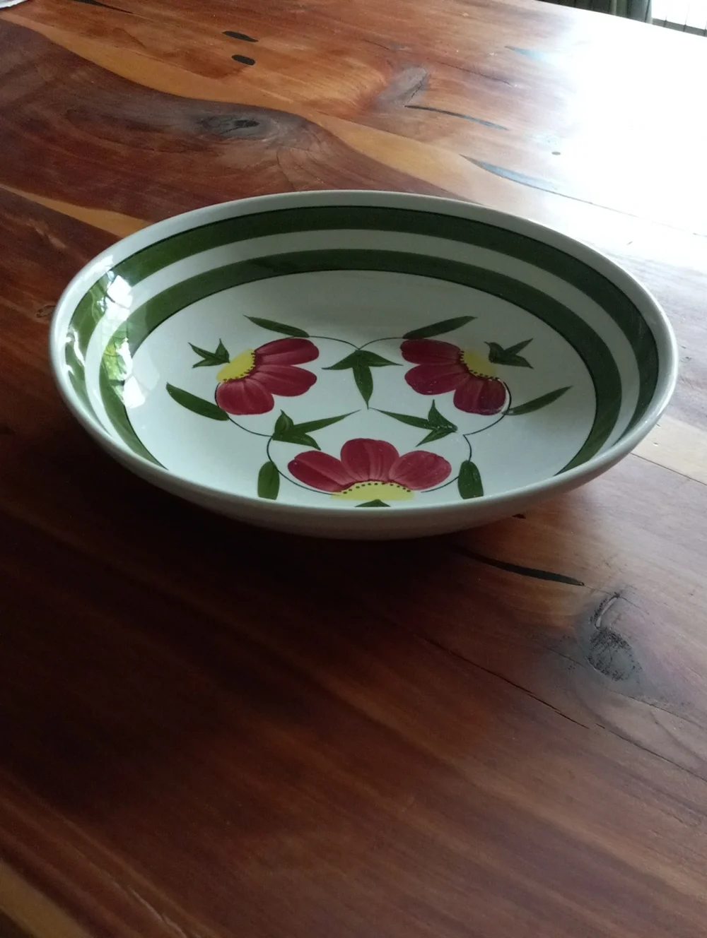 Pink Floral Ceramic Ironstone Ware Serving Bowl with Green Trim